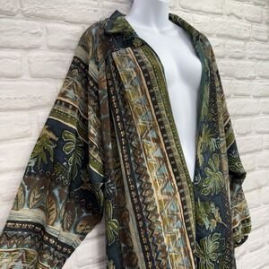 Vtg Bohemian 2X Kaftan Maxi Dress Tribal Art Print Vacation Modern Lounge Dress